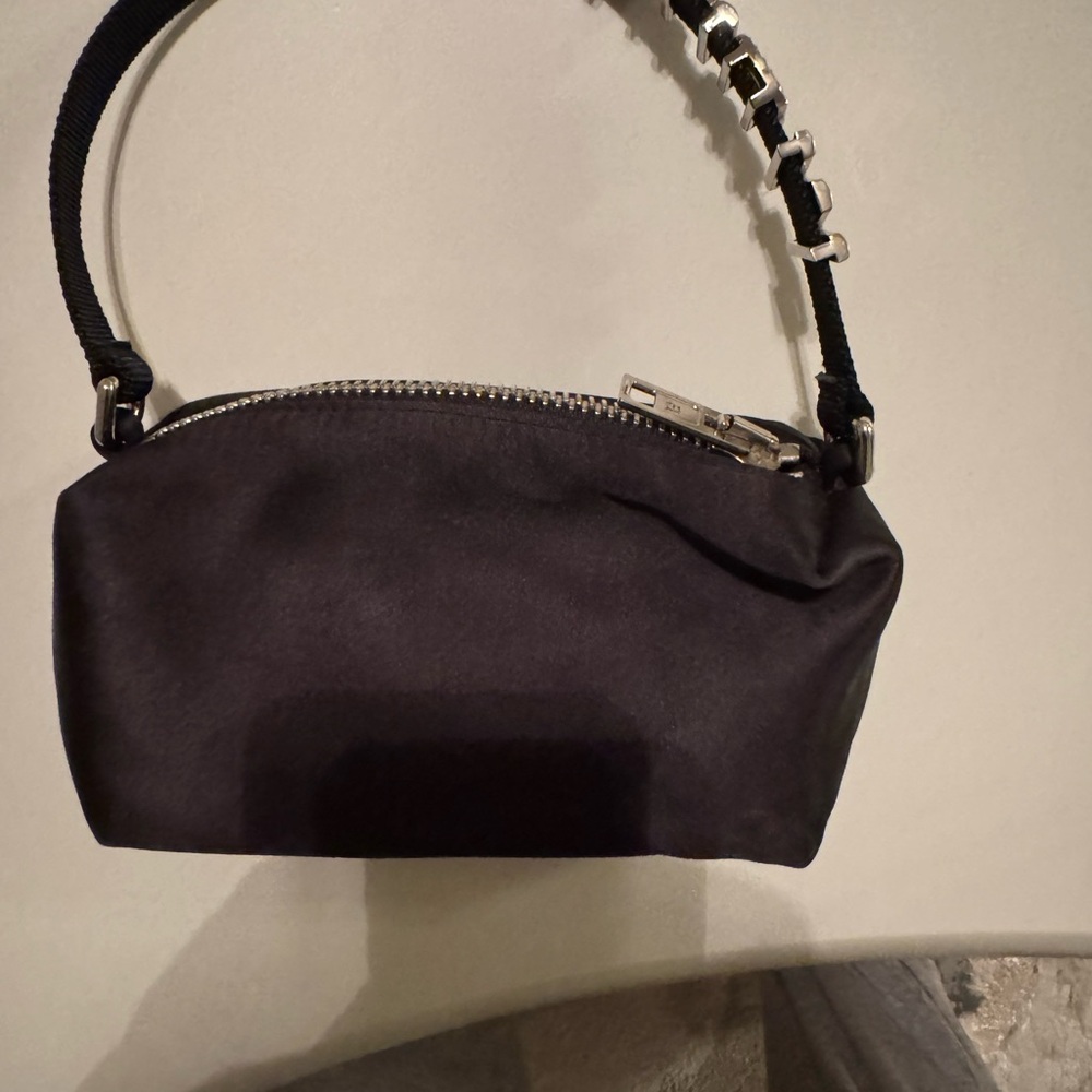 Alexander wang medium-sized satin pouch with a webbed crystal logo top handle